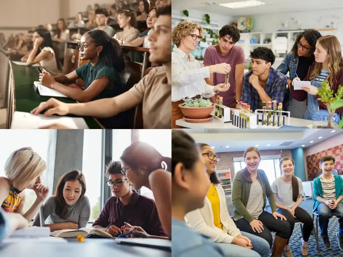Four Collage images of middle school, middle school, and college students in action.