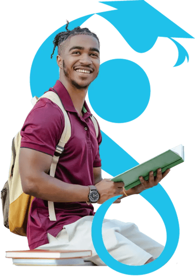 College studen wearing a backpack and holding books.