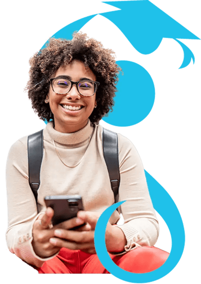 A smiling femaleCollege student holding mobile phone.