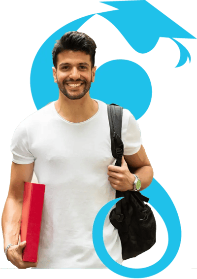 Male student holding a book and his backpack in the other hand.