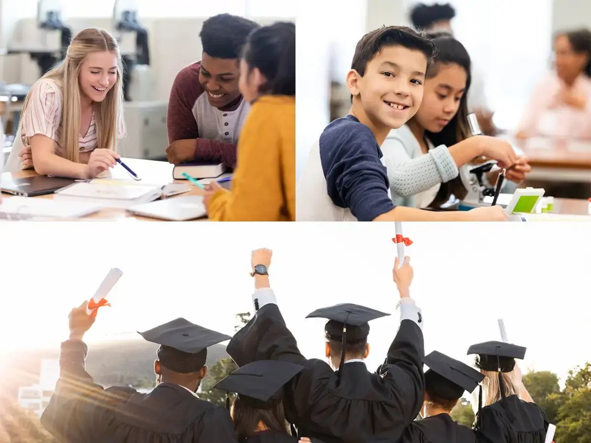 collage of students of all ages to a picture of the backs of graduates.