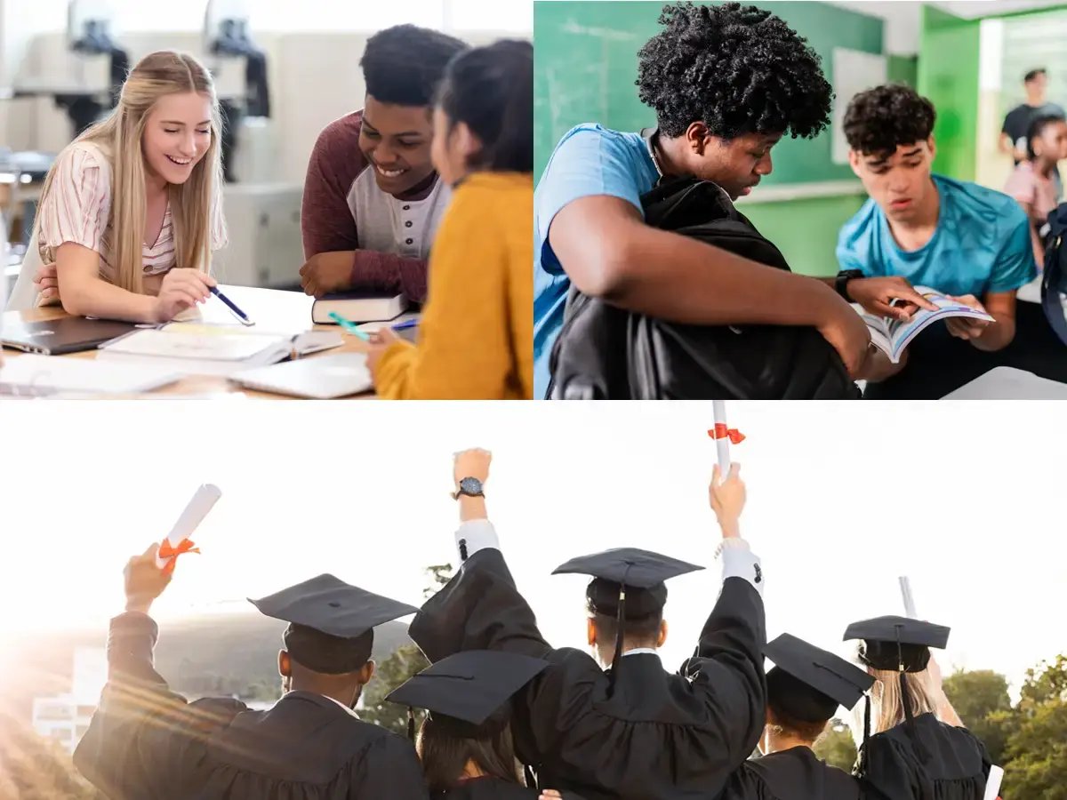collage of students of all ages to a picture of the backs of graduates.
