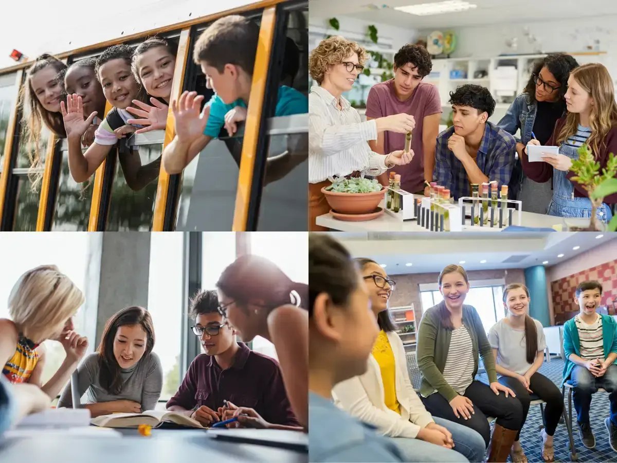 Four Collage images of middle school, middle school, and college students in action.